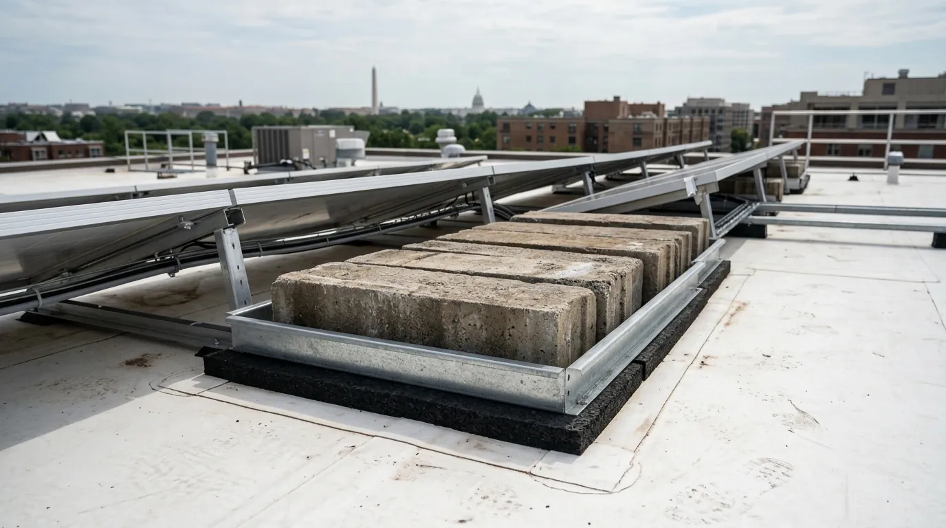 Ballast tray on a protective pad over a flat membrane roof