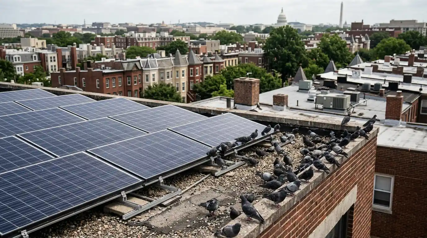 Pigeons at the edge of rooftop solar panels in Washington, DC