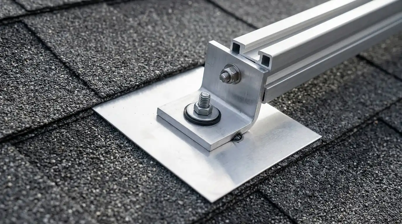 New flashing on a solar rail attachment on a shingle roof