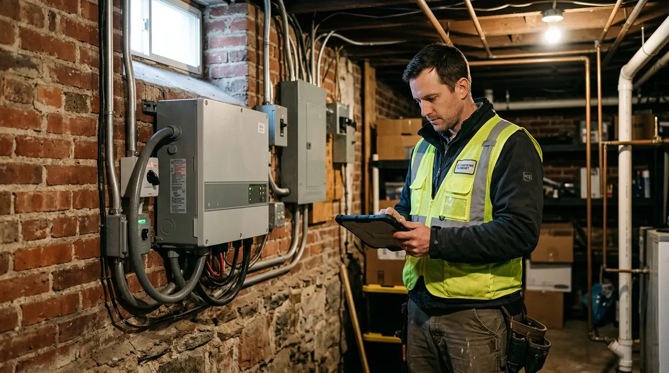 Crew member checking solar monitoring beside an inverter in a DC basement