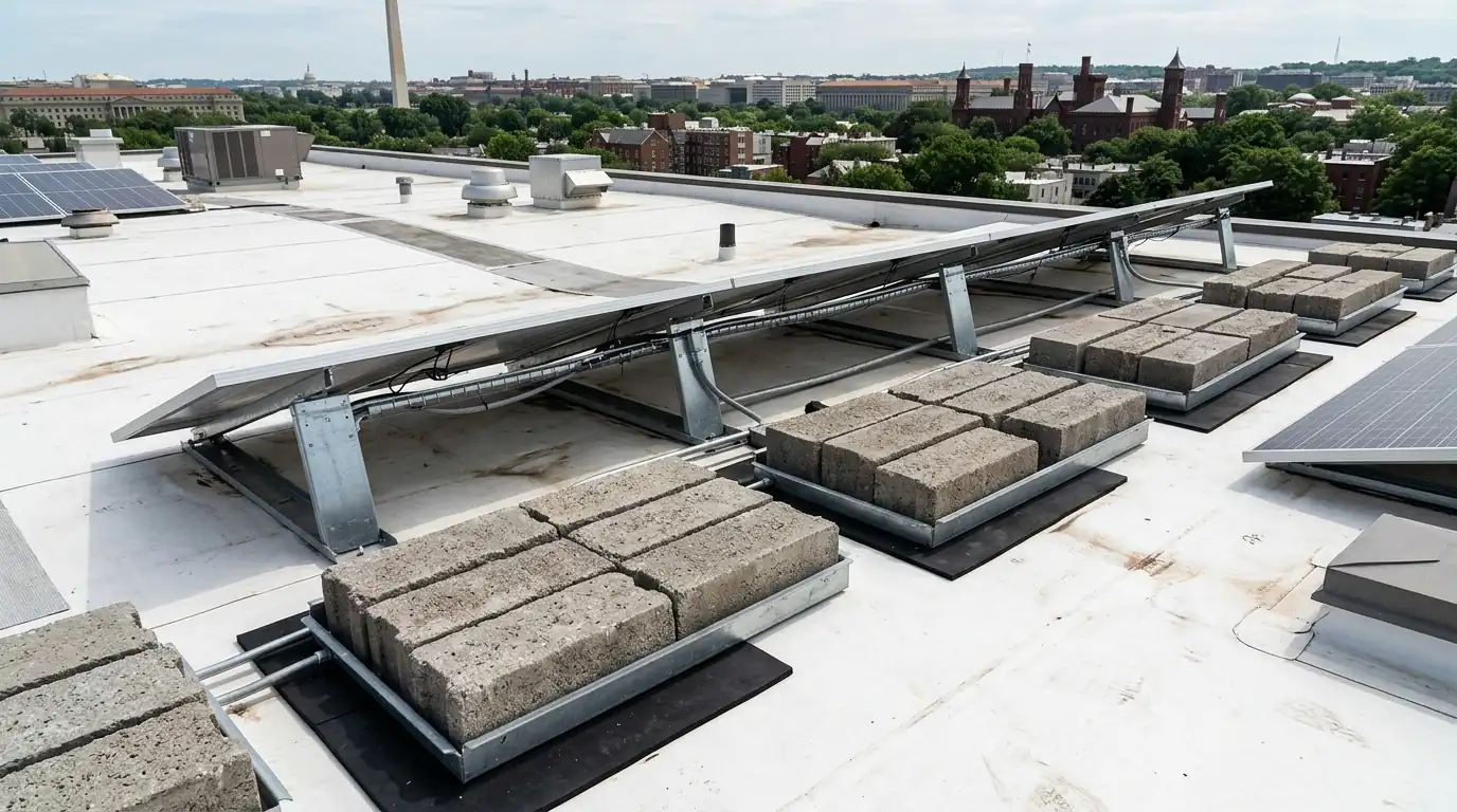 Ballast blocks in solar rack trays on a flat membrane roof