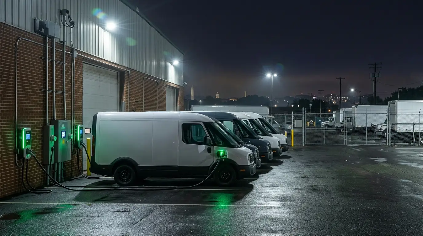 Electric vans charging overnight at a fleet depot