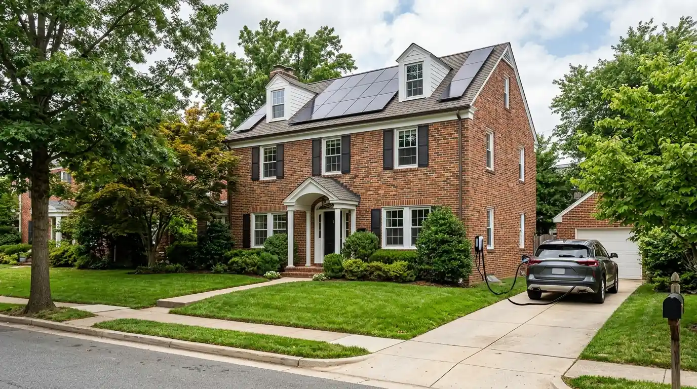 House with solar panels and an EV charging in Colonial Village
