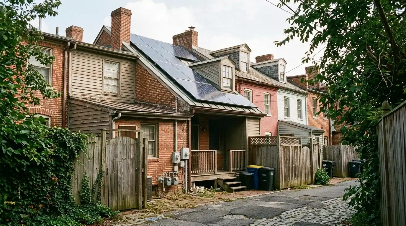 Solar panels on the rear slope of a historic Old Town Alexandria rowhouse