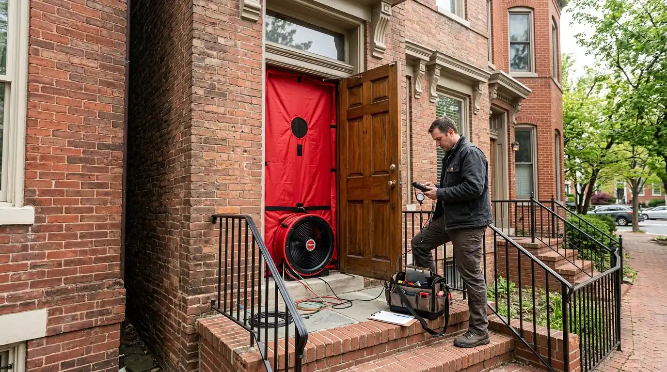 Blower door set in a rowhouse front doorway during an energy audit