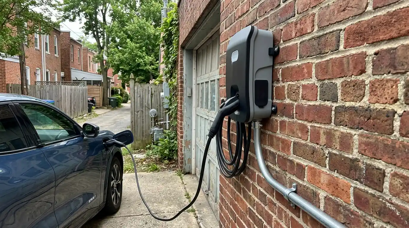 Hardwired Level 2 EV charger in a brick garage in Washington, DC