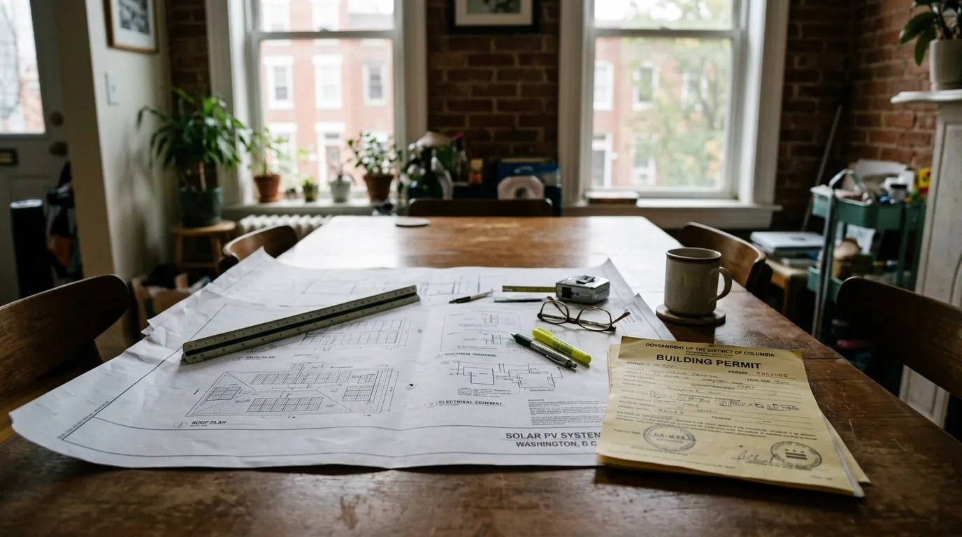 Solar permit drawings and a permit card on a table