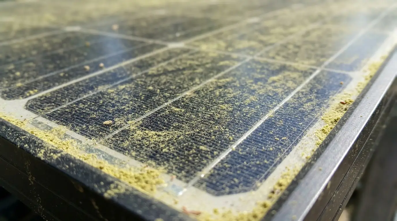 Pollen and dust film on a solar panel before cleaning