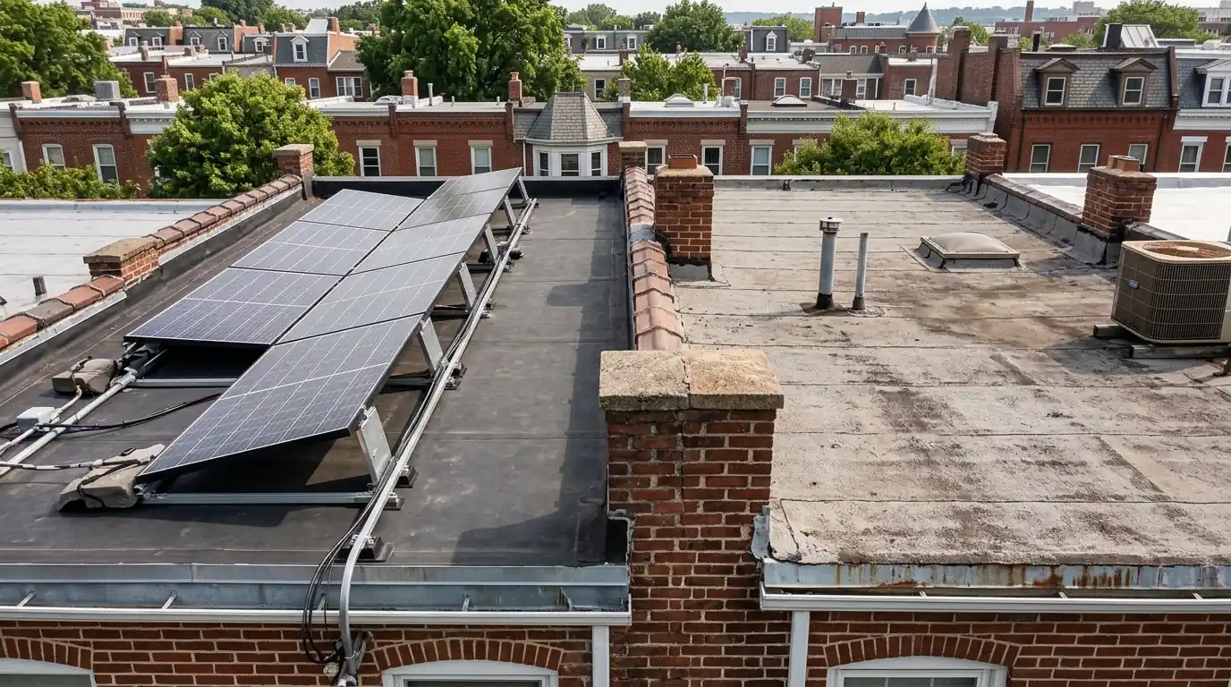 Solar array set back from a shared party wall between rowhouse roofs