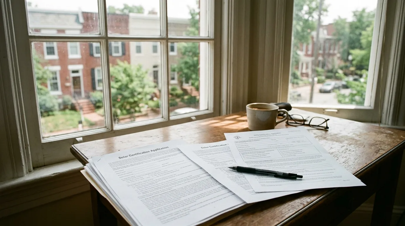 Certification paperwork for a DC solar system laid out on a desk