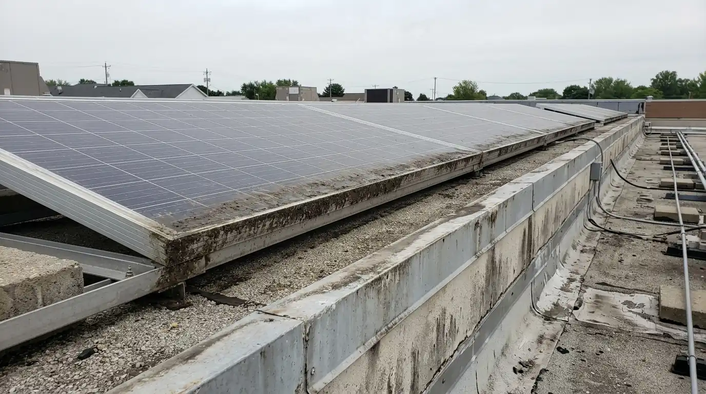 Grime line along the lower edge of low-tilt solar panels