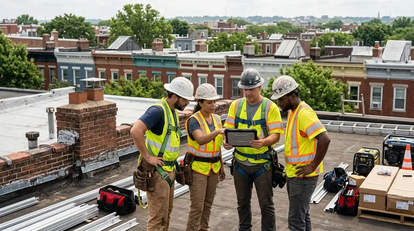 Crew reviewing a roof layout before an install in Washington, DC