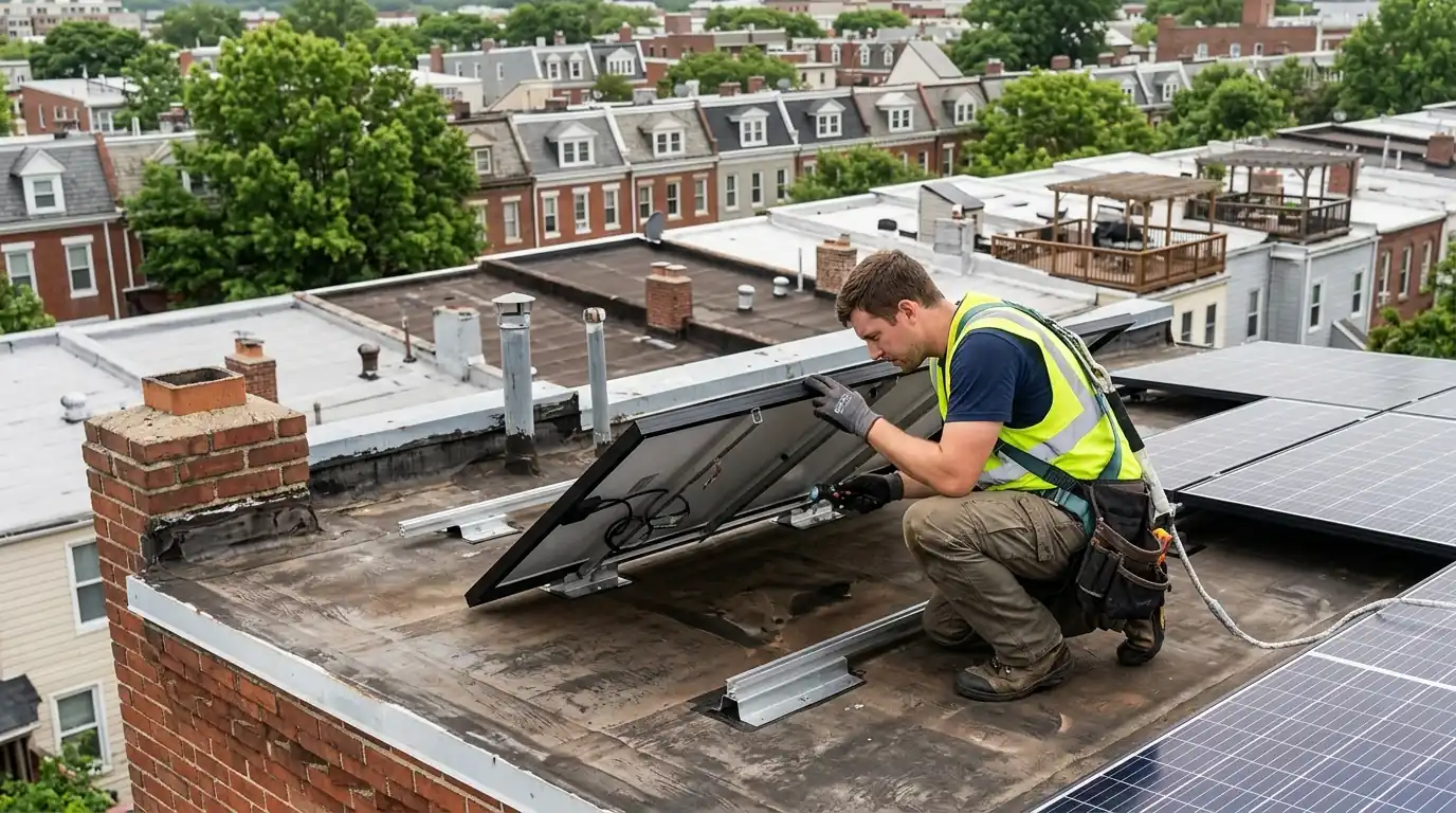 Technician lifting a panel to inspect a mount flashing on a DC rowhouse roof