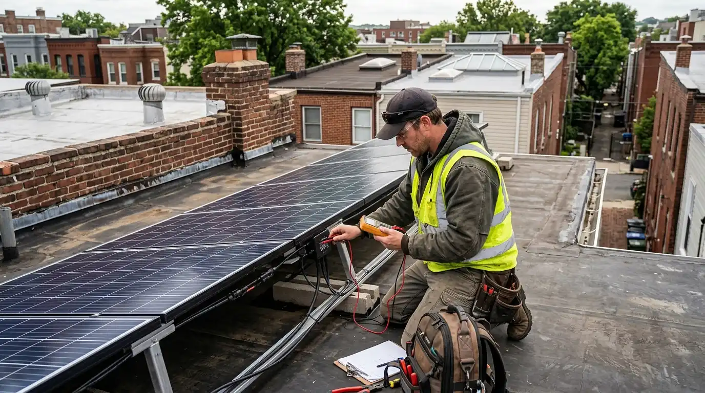 Technician testing a solar string with a meter on a rowhouse roof in Washington, DC