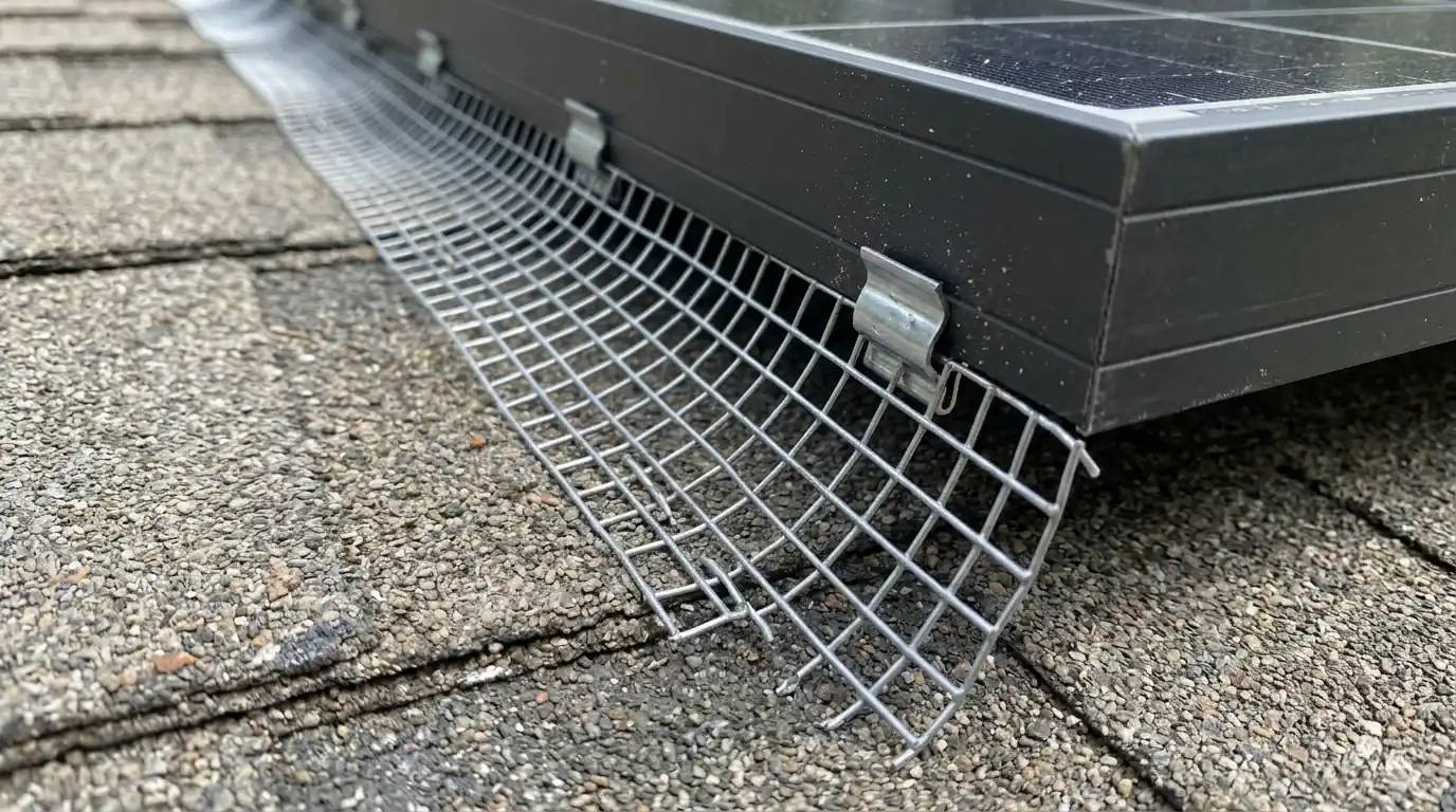 Mesh critter guard clipped to the edge of a solar panel