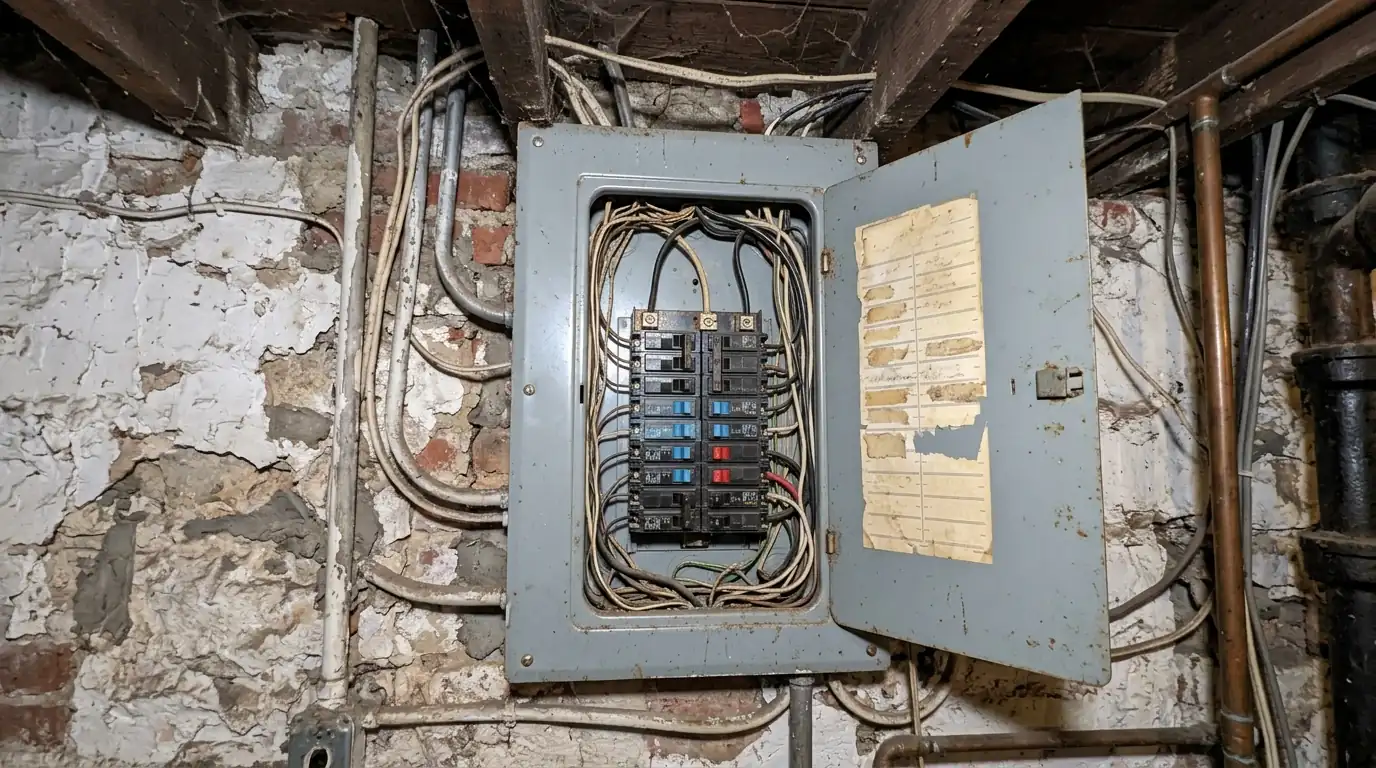 Older 100-amp electrical panel in a DC rowhouse basement