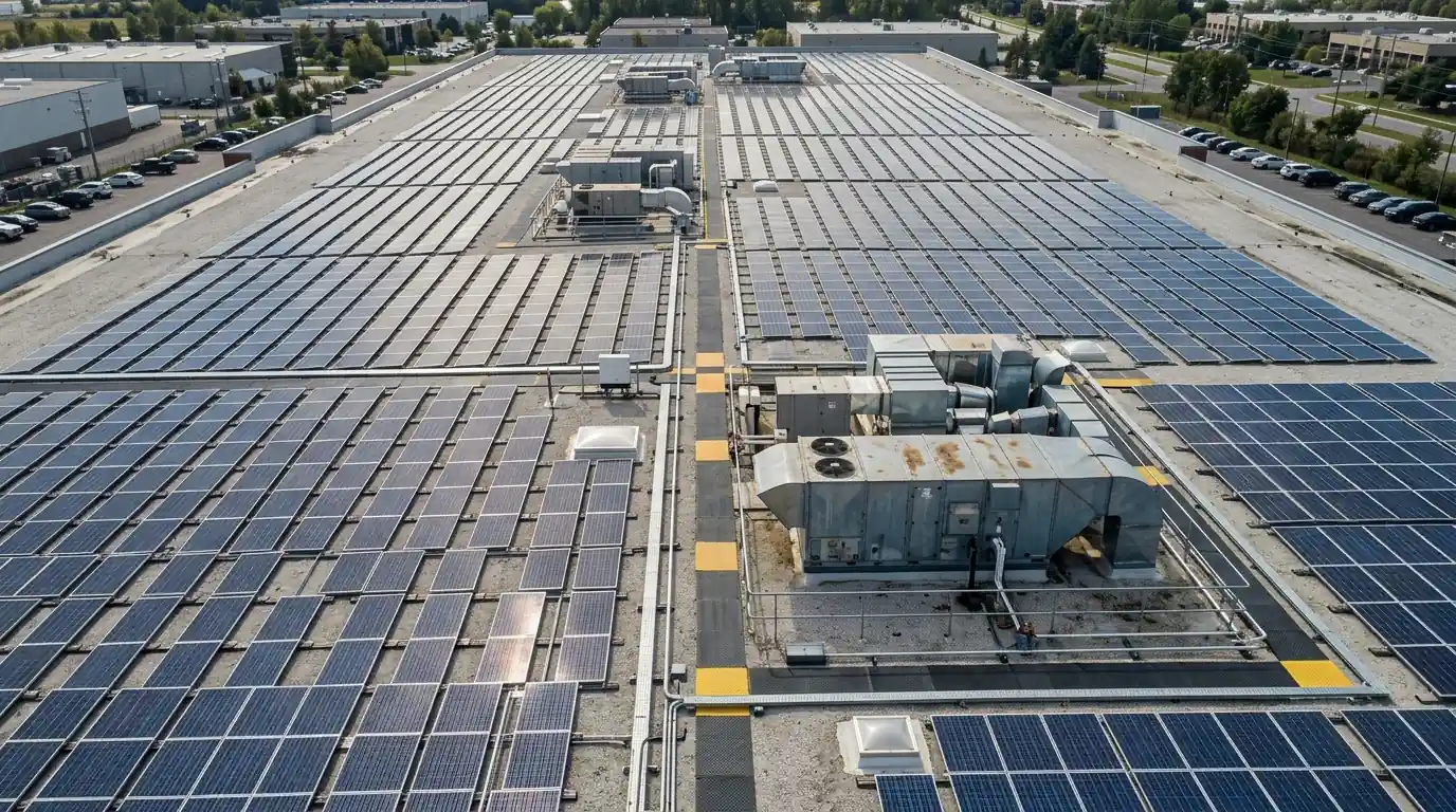 Solar rows laid out around HVAC units and access pathways