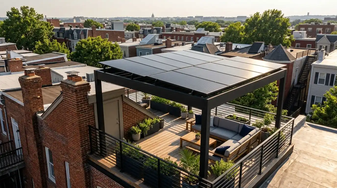 Solar pergola canopy shading a rowhouse roof deck in Washington, DC