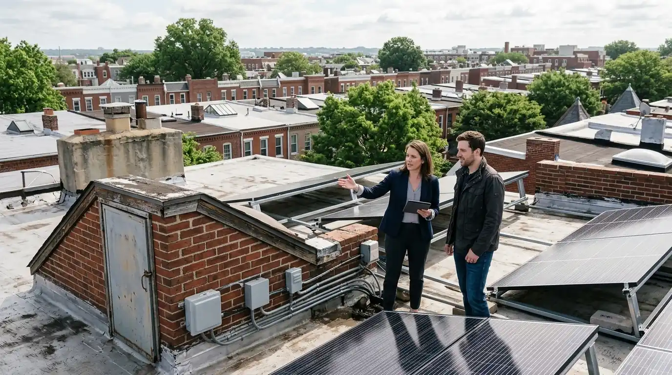 Agent and buyer looking at leased solar panels on a rowhouse