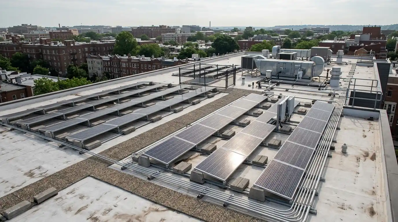 Solar array on a mid-rise condo roof in Washington, DC