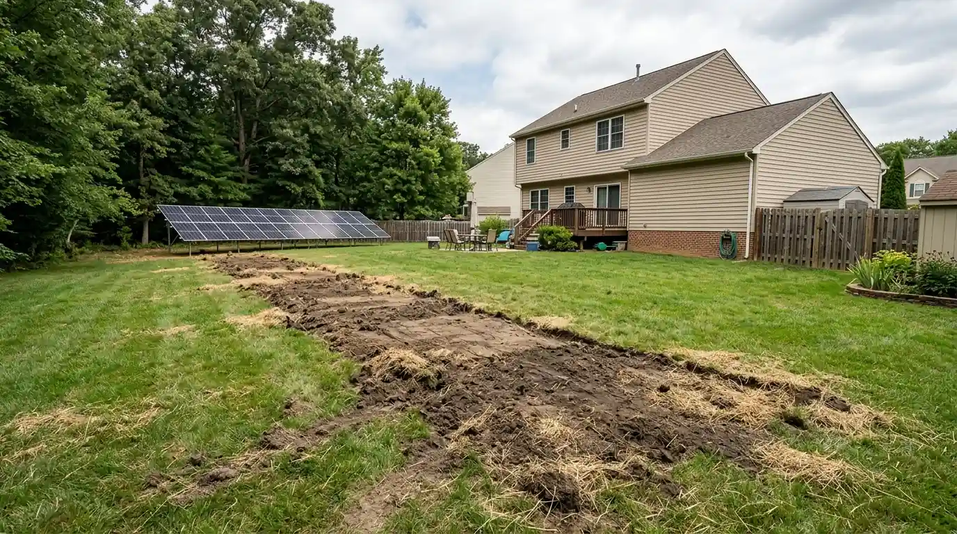 Backfilled cable trench running from a ground-mount solar array toward a house