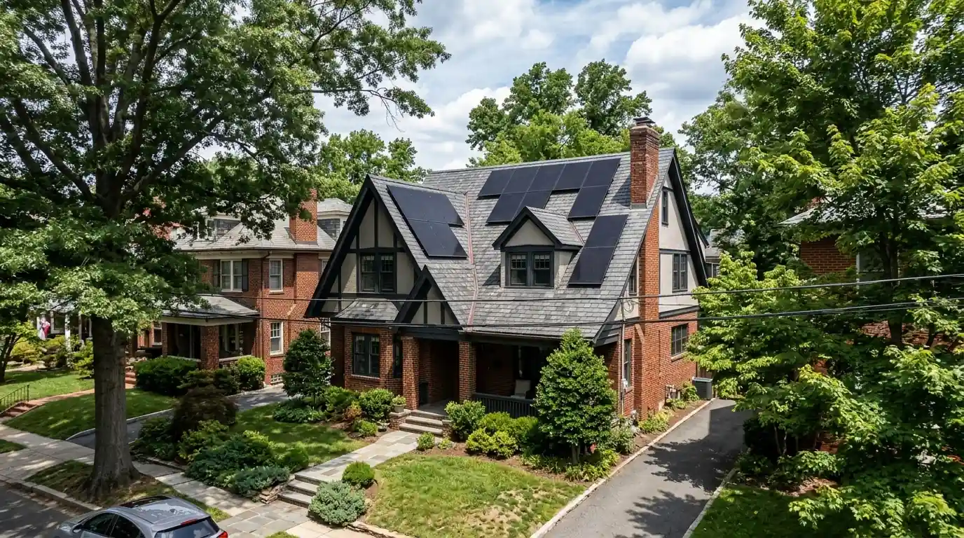 Solar panels flush mounted on a pitched roof in northwest Washington, DC