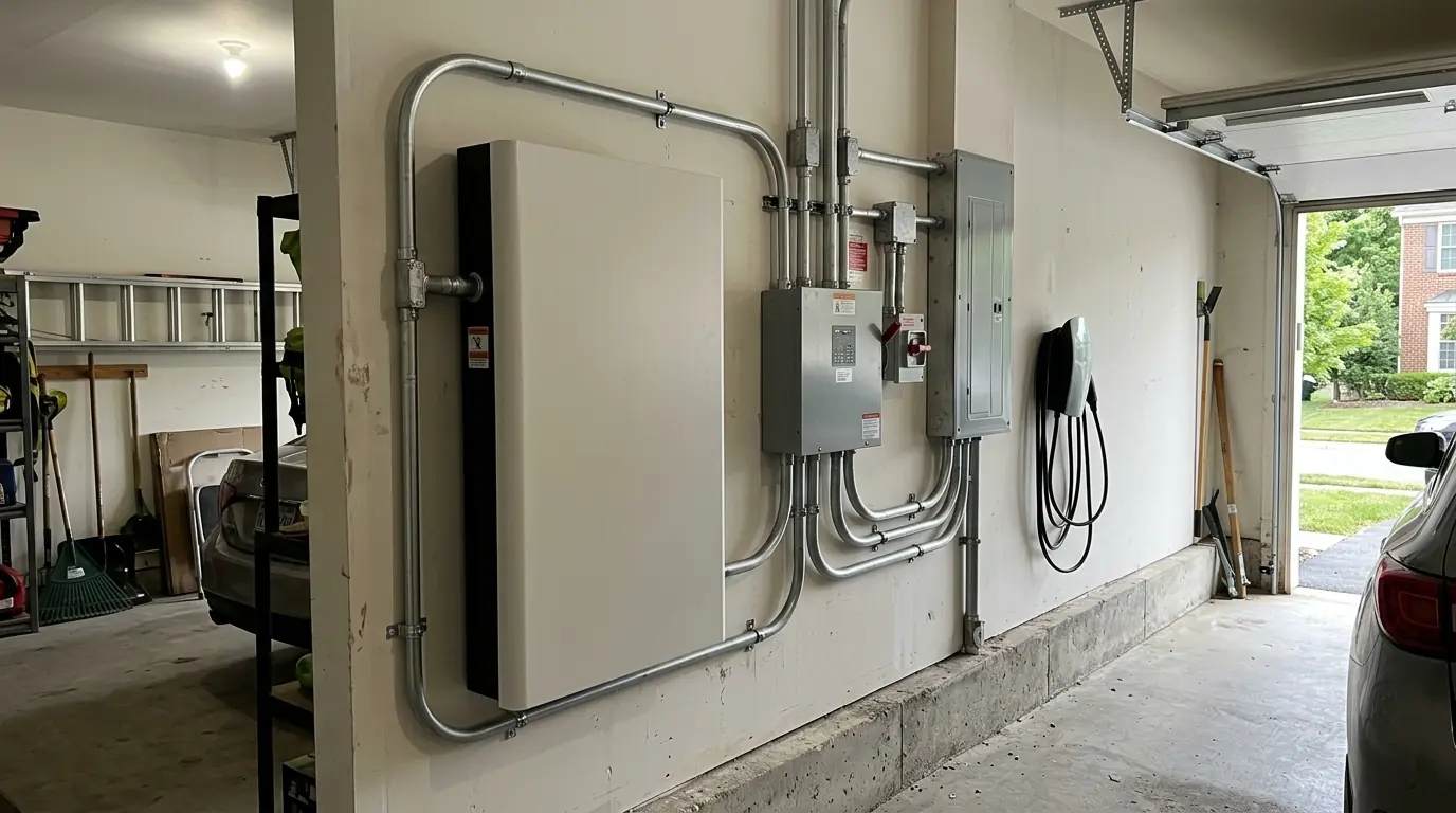 AC-coupled home battery next to a microinverter combiner box