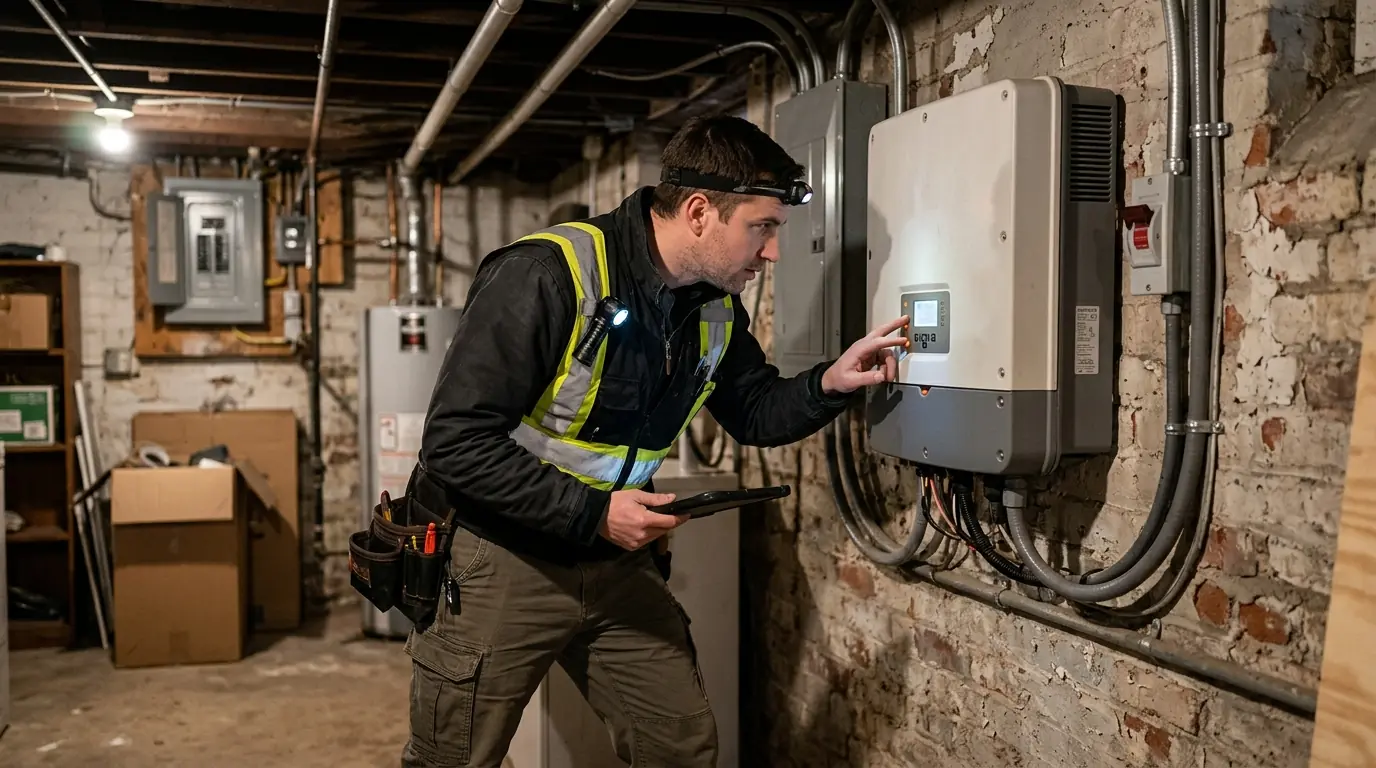 Technician reading an inverter fault code in a DC basement
