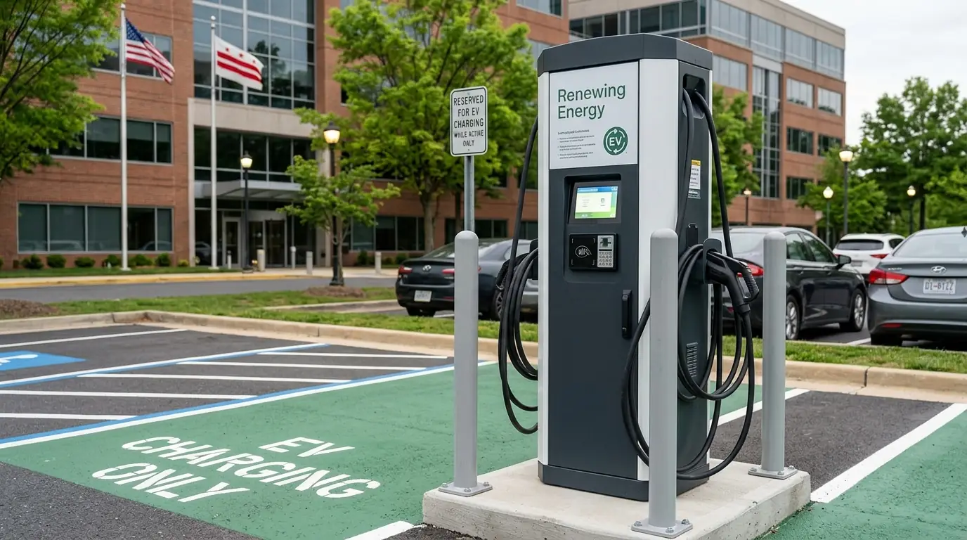 Networked Level 2 charger pedestal at an office lot