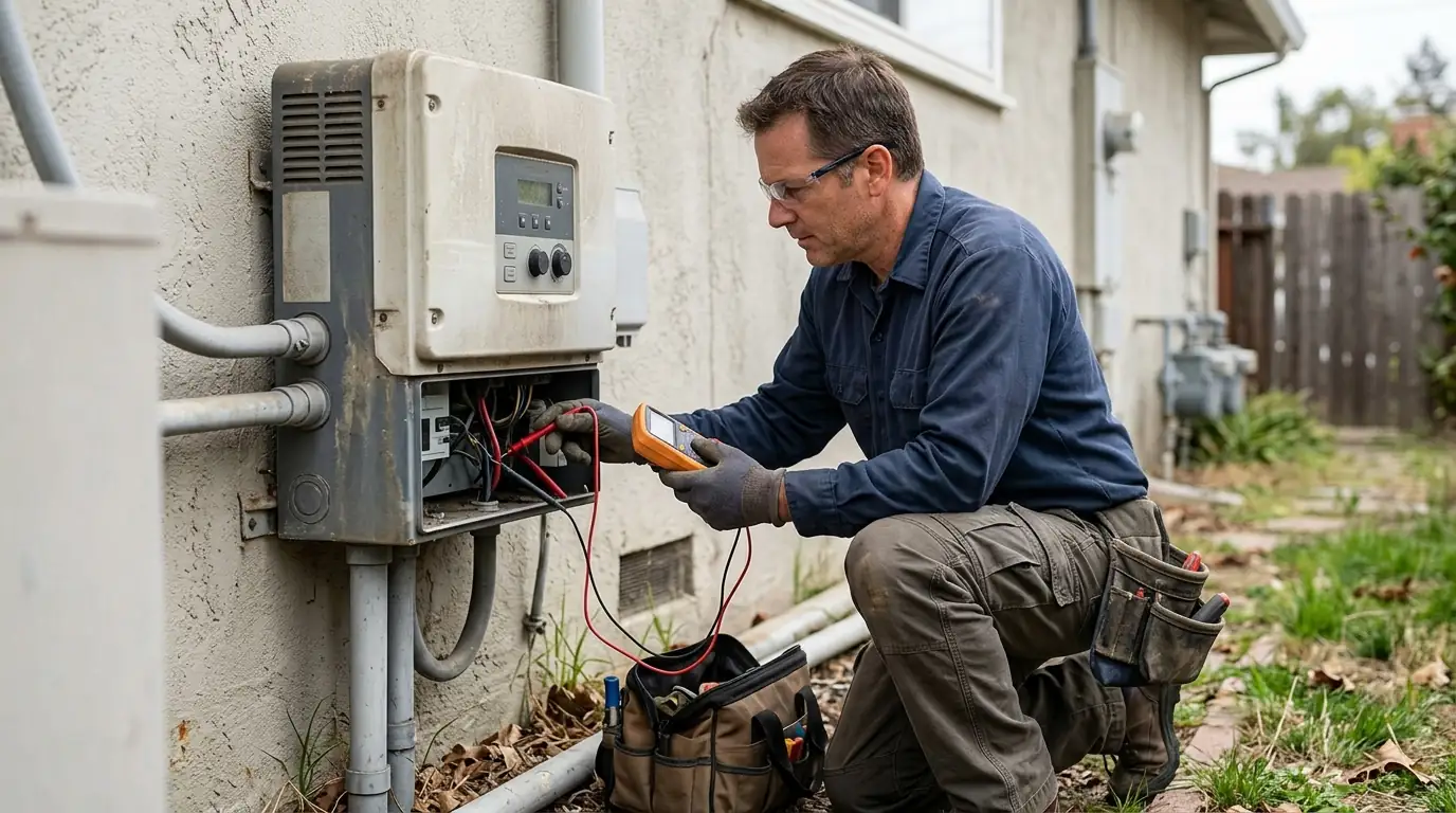 Technician checking an older inverter before a lease buyout