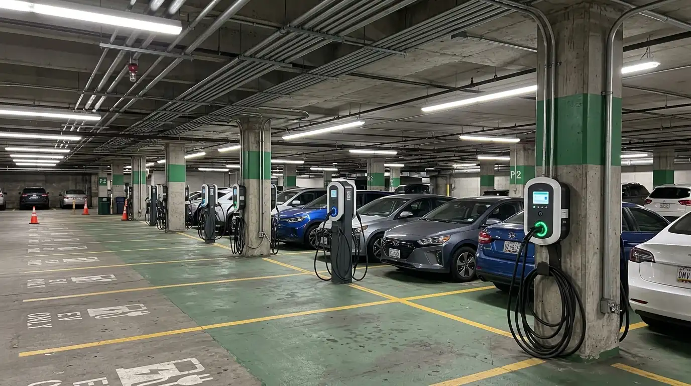 Networked Level 2 EV chargers in a Washington, DC parking garage