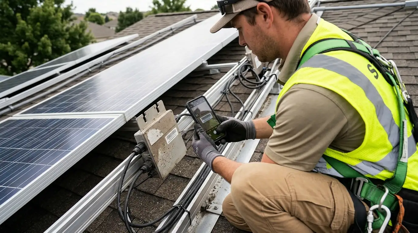 Photographing a failed microinverter label for a warranty claim