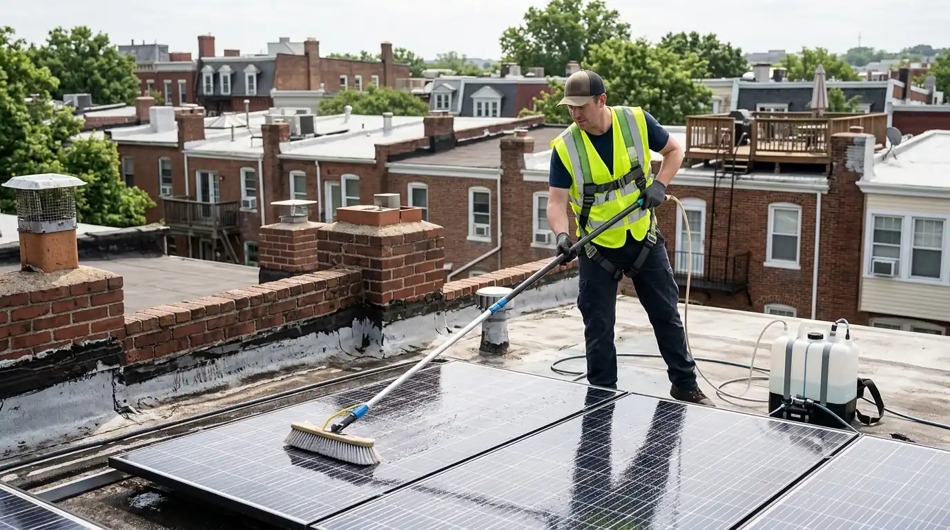 Technician cleaning low-tilt solar panels on a flat DC roof