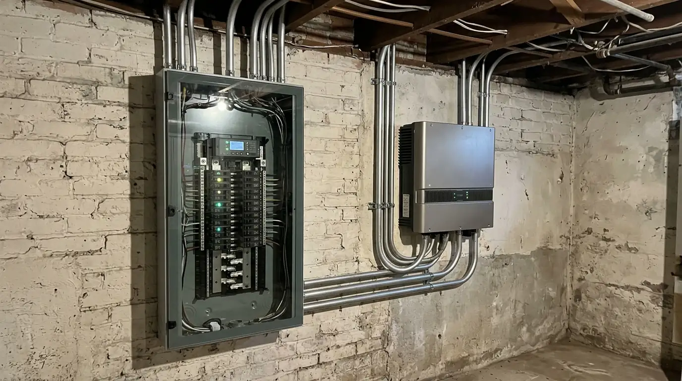 Smart electrical panel installed beside a solar inverter in a DC basement