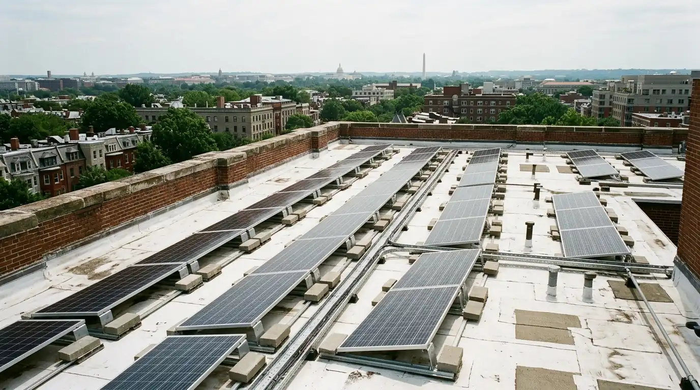 Low-tilt solar racks on a flat roof behind a parapet