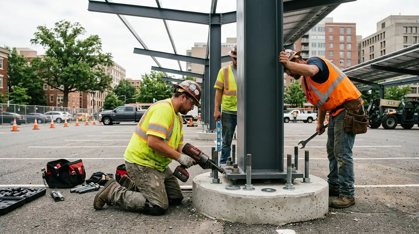 Crew bolting a solar carport column to its foundation in a DC lot