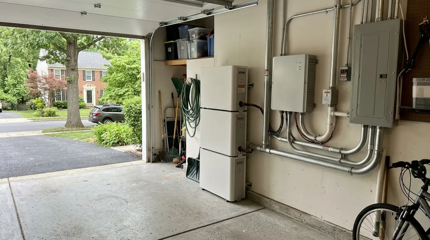 Battery units and a whole-home backup gateway in a garage