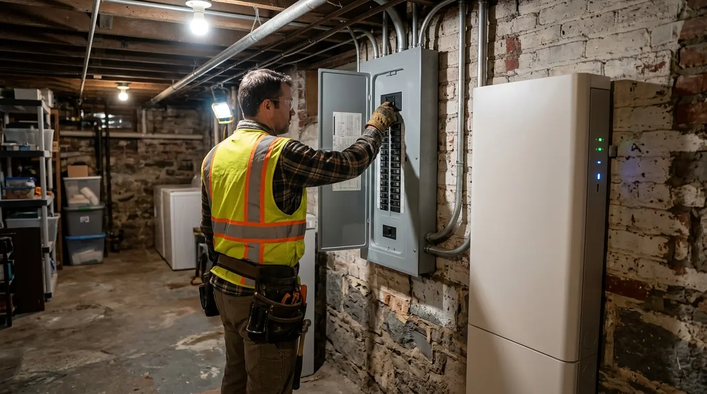 Electrician switching off the main breaker to test battery backup