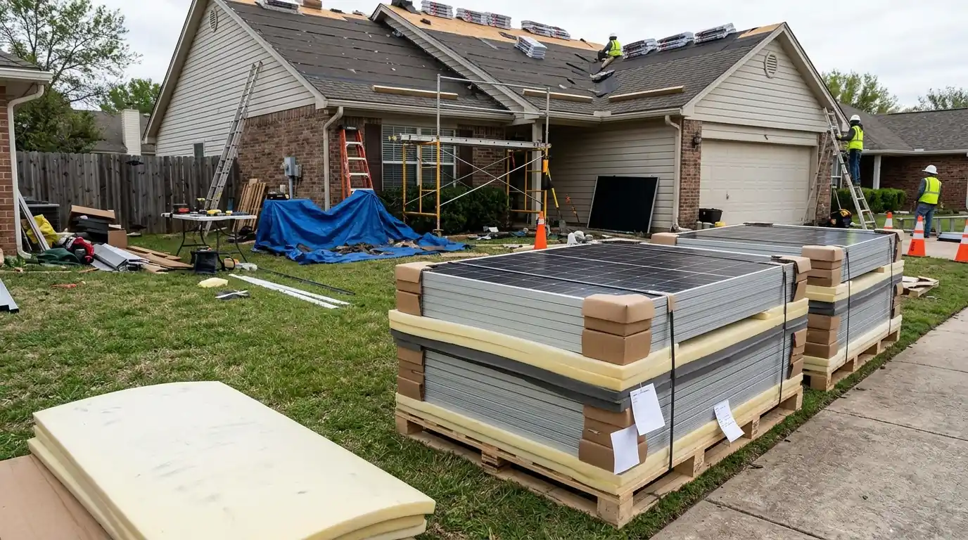 Labeled solar panels stacked on pads during a roof replacement