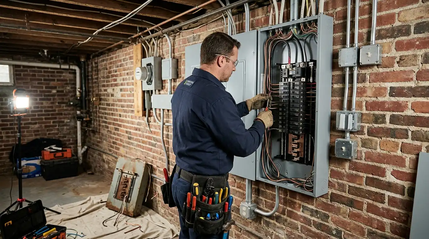 Electrician replacing an old panel with a 200-amp panel in a DC basement