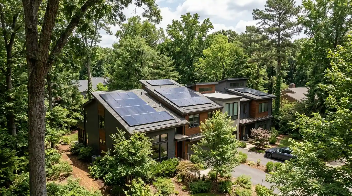 Solar panels on a contemporary townhouse cluster in Reston