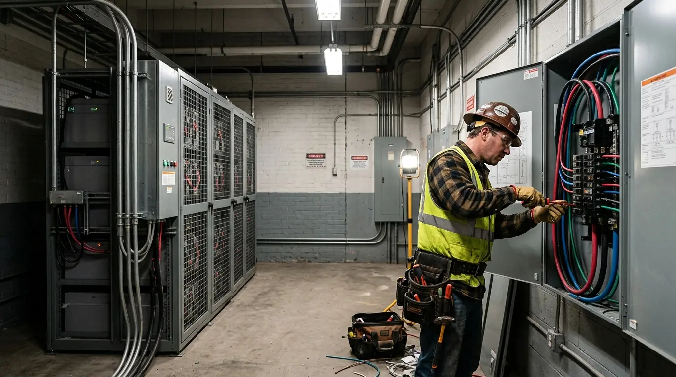 Electrician wiring a critical-loads panel for a commercial battery