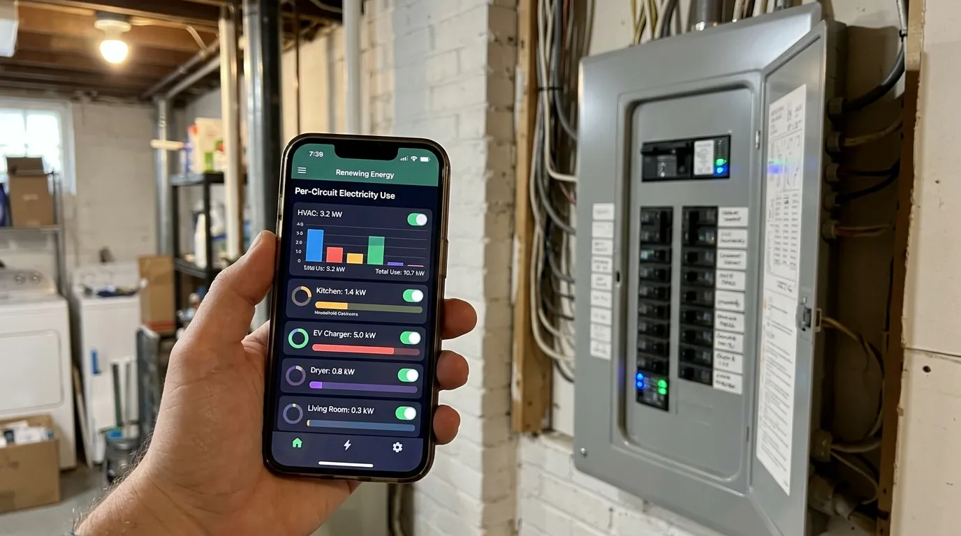 Phone app showing per-circuit power use beside a smart panel
