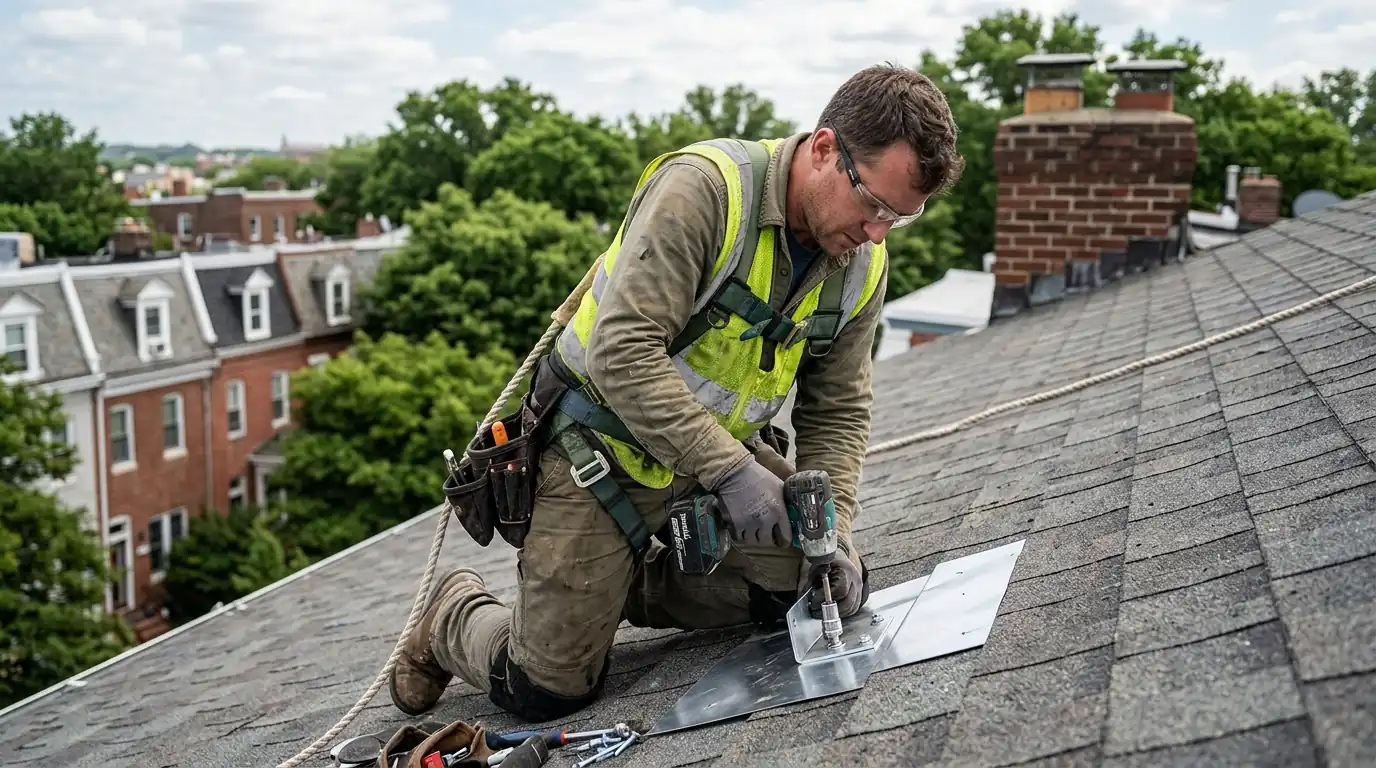 Installer bolting a flashed solar mount to a rafter
