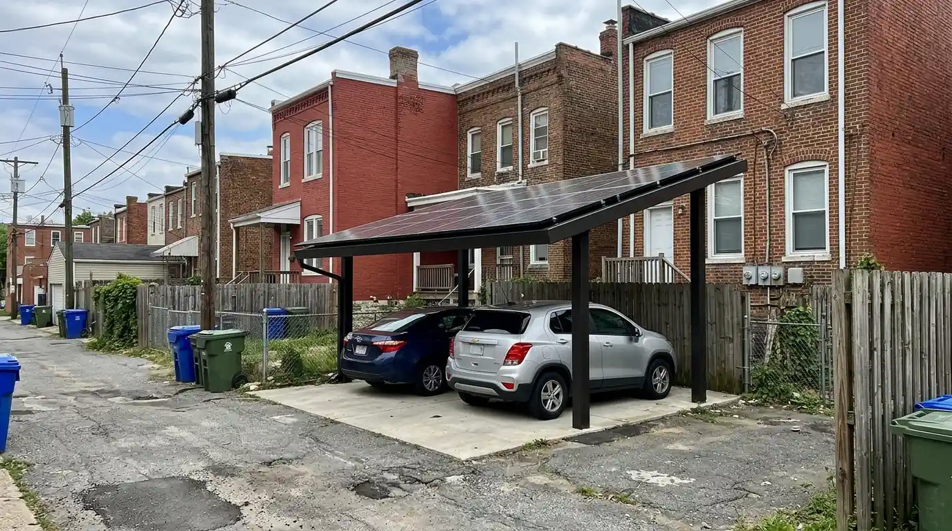 Solar carport over a rear parking pad behind DC rowhouses