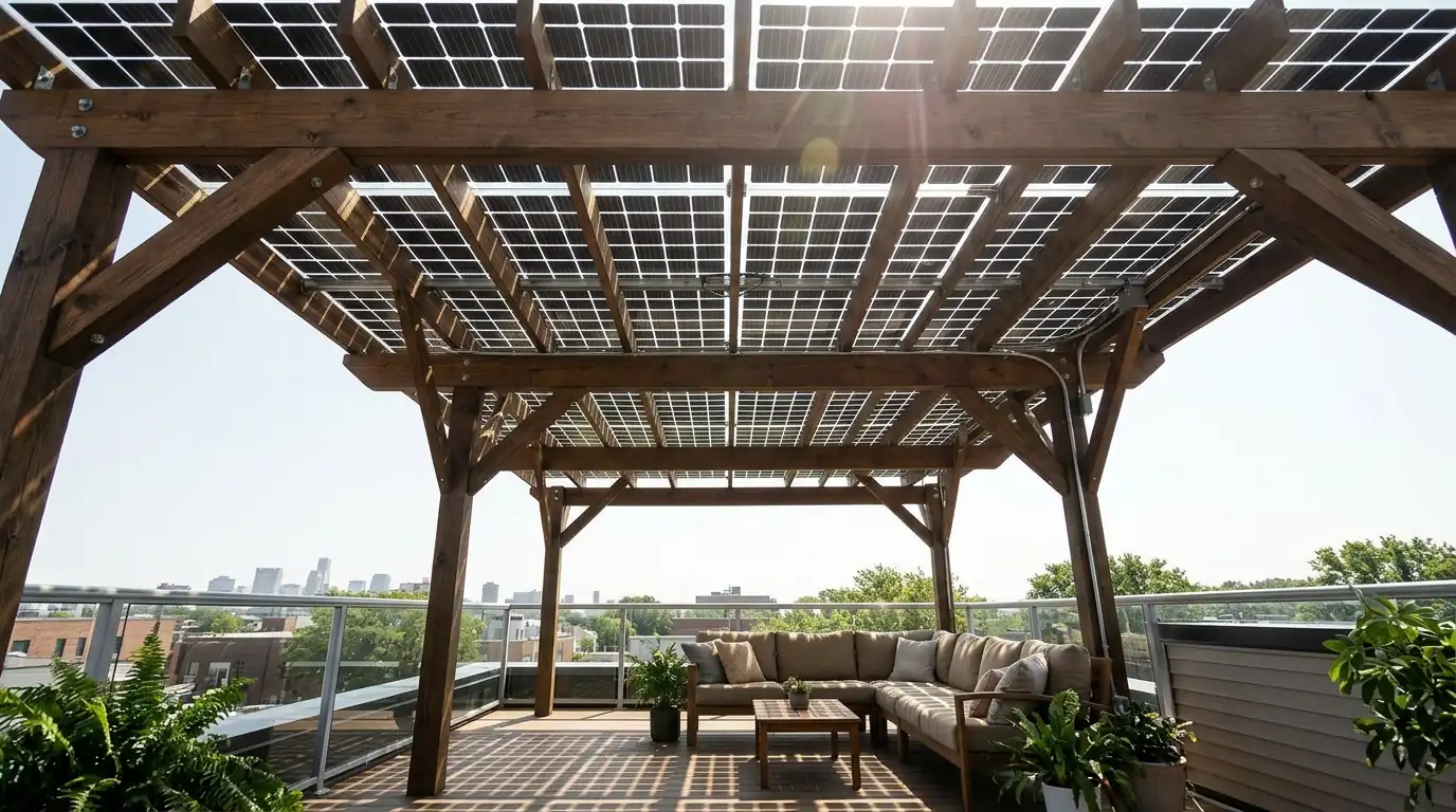 Dappled light through bifacial panels on a solar pergola