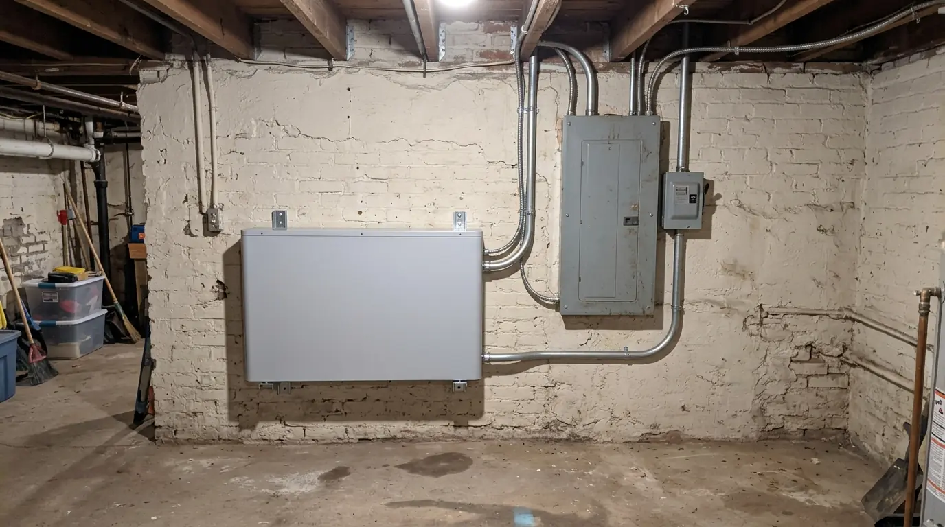 Battery mounted above floor level in a rowhouse basement