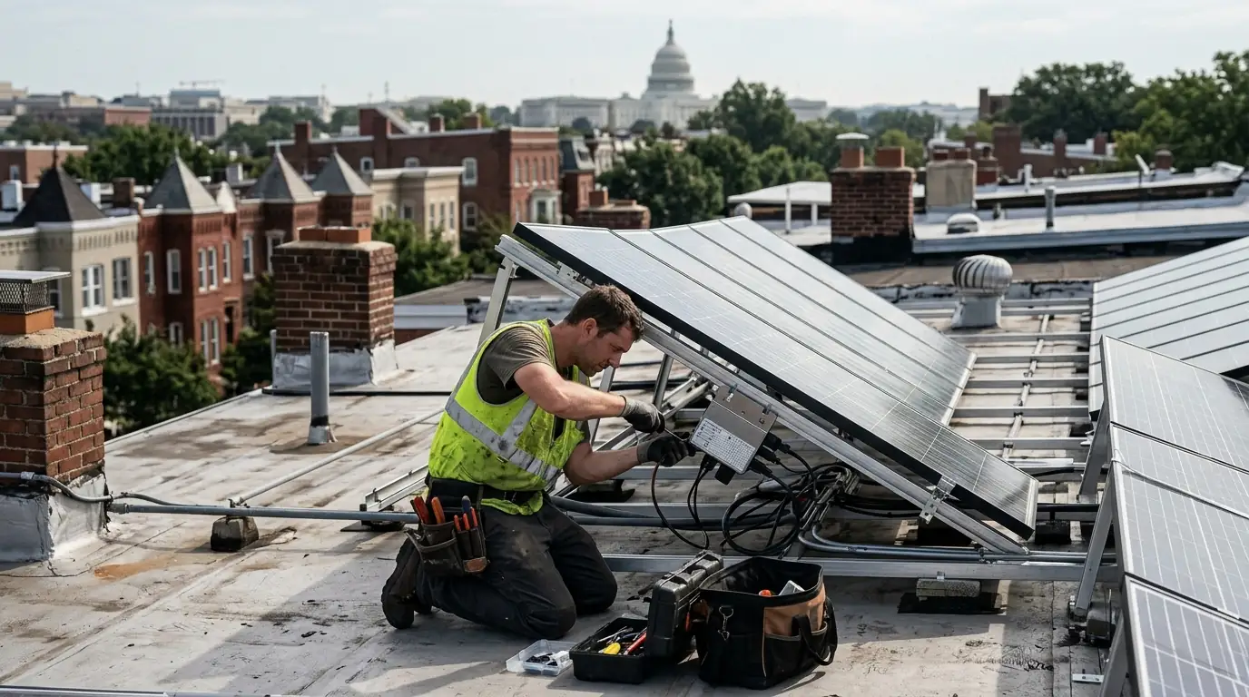 Technician replacing a microinverter under a lifted panel