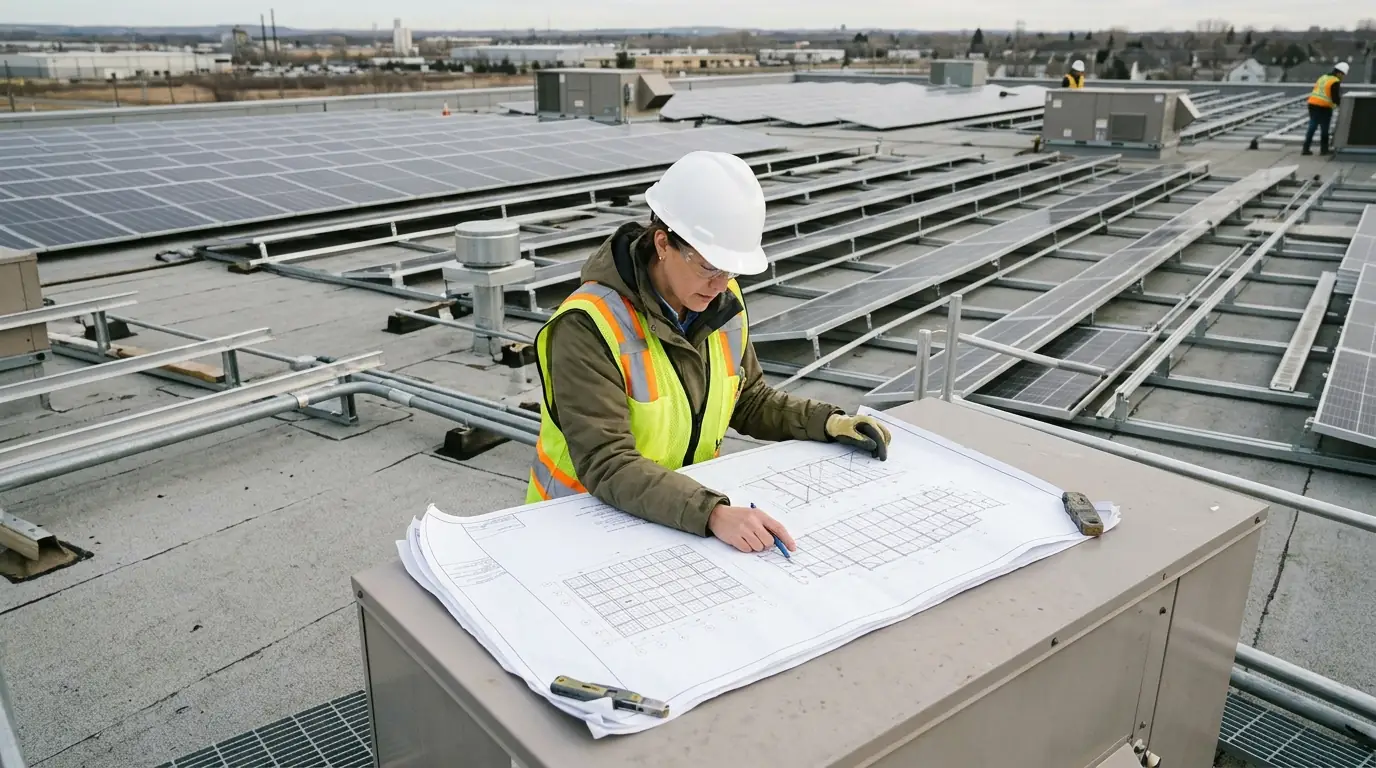 Engineer reviewing roof framing drawings with a solar layout