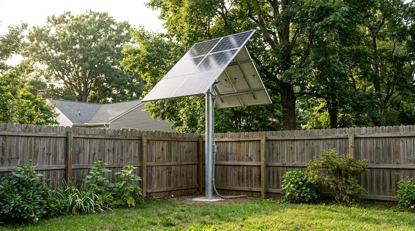 Small solar array on a single pole mount in the corner of a Virginia yard